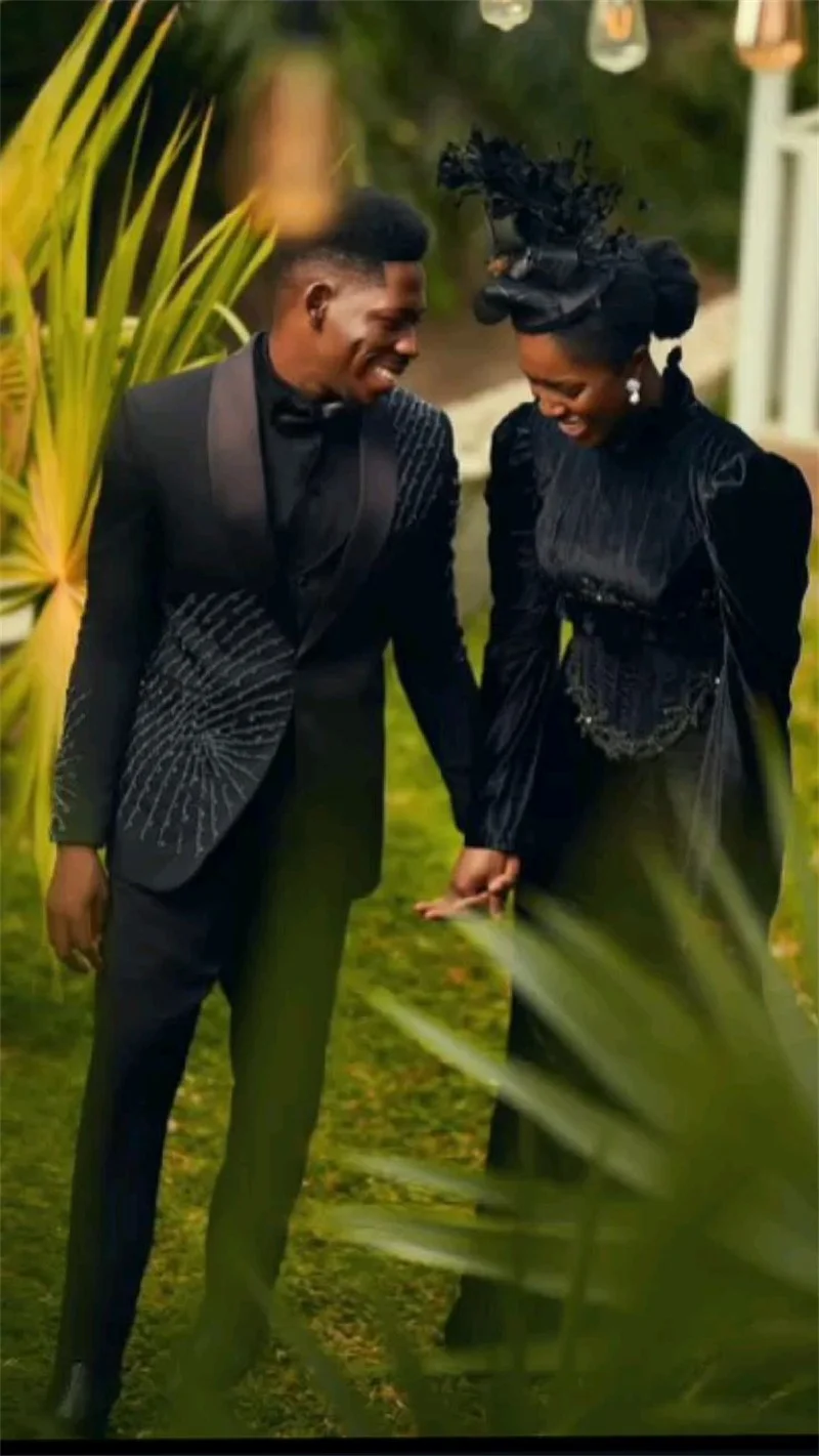 

Black Crystals Beaded Men Suit Set 2 Pieces Jacket Blazer+Pants Trousers Wedding Tuxedo Formal Office Party Coat Customized