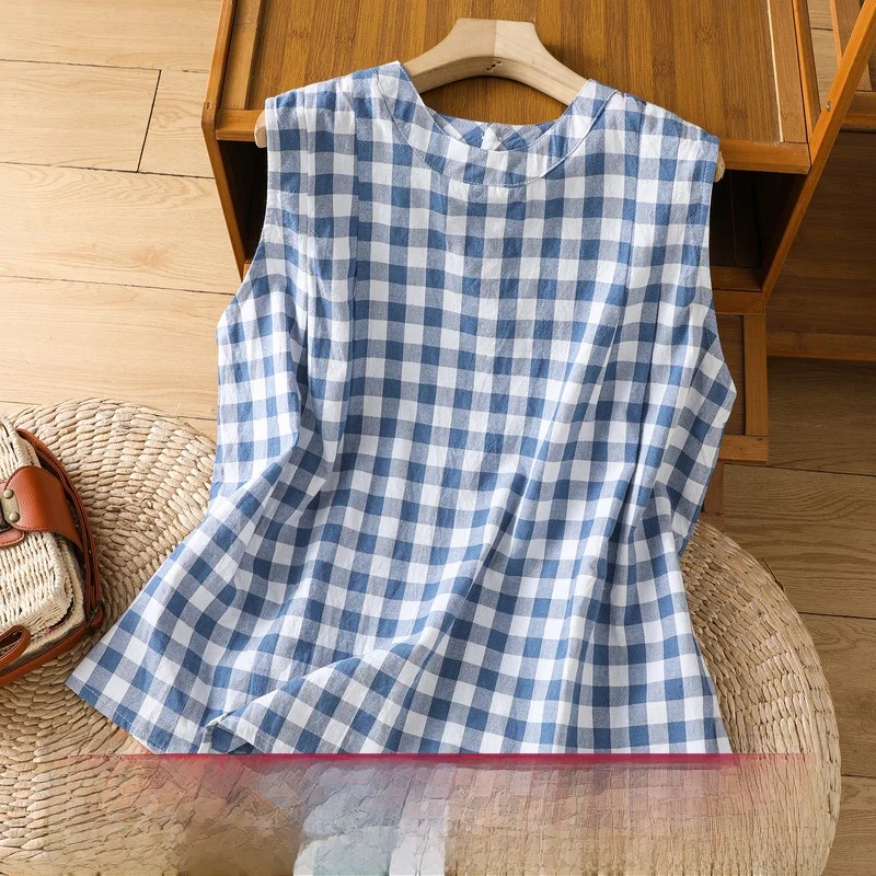 Summer  Blue White Plaid Folded Sleeveless Women's Versatile Thin Shirt T-Shirt Small Top Cotton Material Thin Model