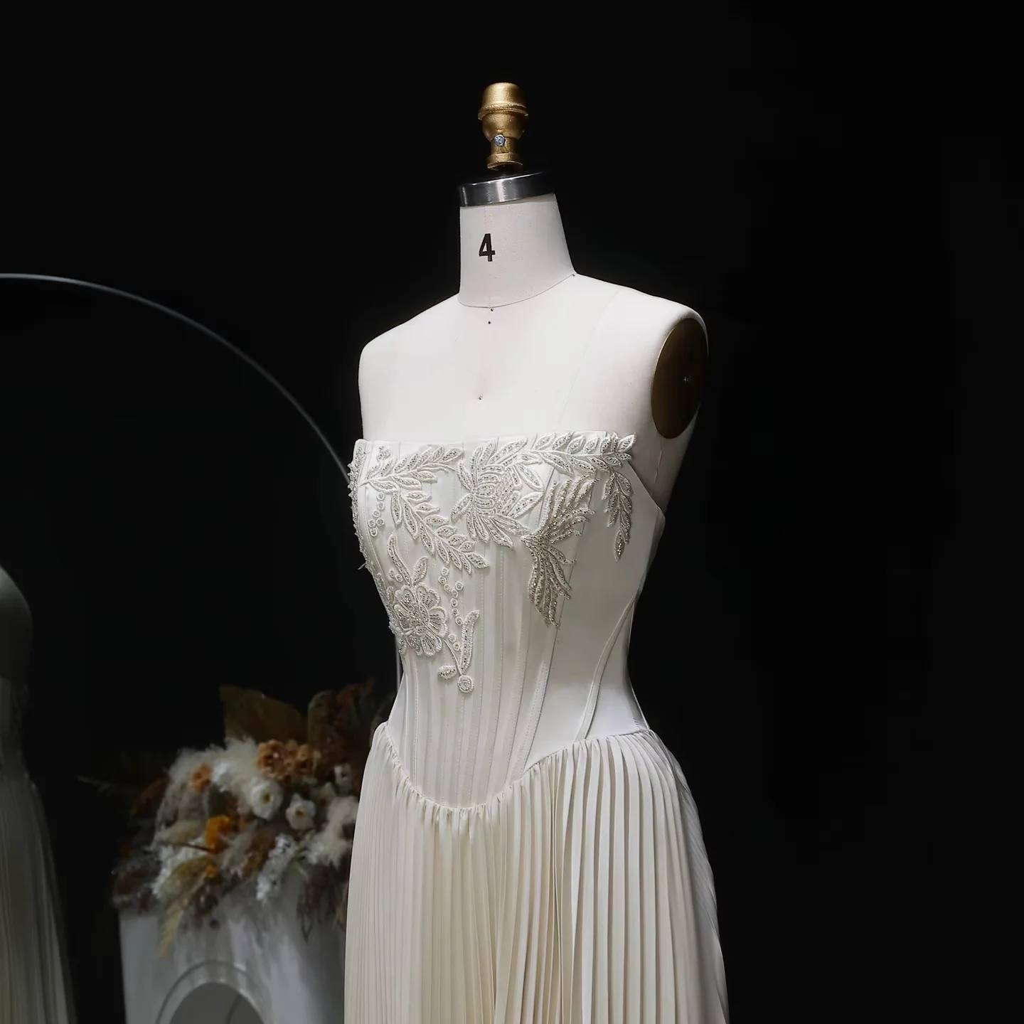 Strapless bodycon floor-length gown outlines beautiful figure. Smooth long skirt looks elegant. Custom sizes available for bride