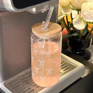 Nette Glasgläser mit Bambus und Strohdeckel, Eis, heißem Kaffee, Saft, Glas, Glas, 500 ml, Geschenk 8 Hauptverkäufe Bambusfaserbecher - №7