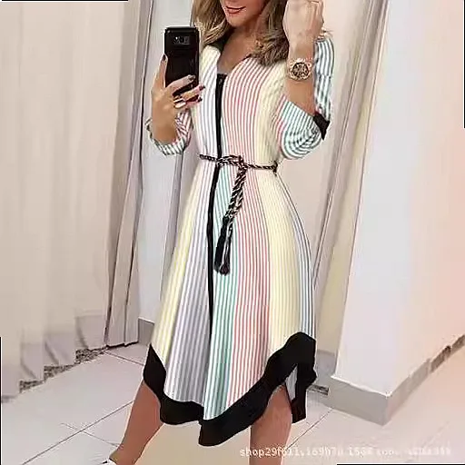 Geometric V-Neck Color Block Shirt Blouse Top with Belt Long Women's Shirts Blouses Tops Spring Summer