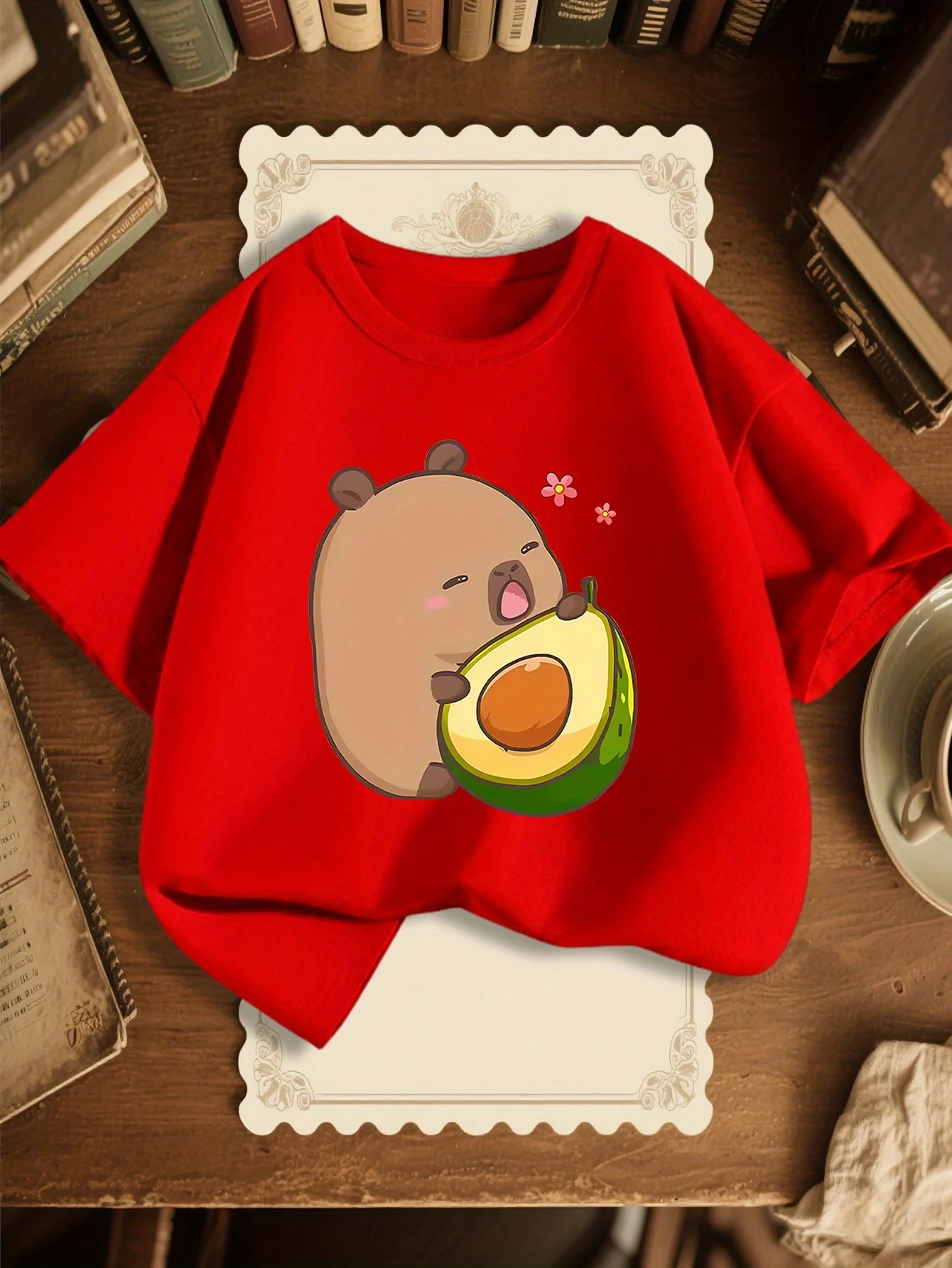 Capybara Avocado Print Kids T Shirt Cotton Short Sleeve Boys Girls Pink Parent Child Matching Cartoon Children Family Loose Tee