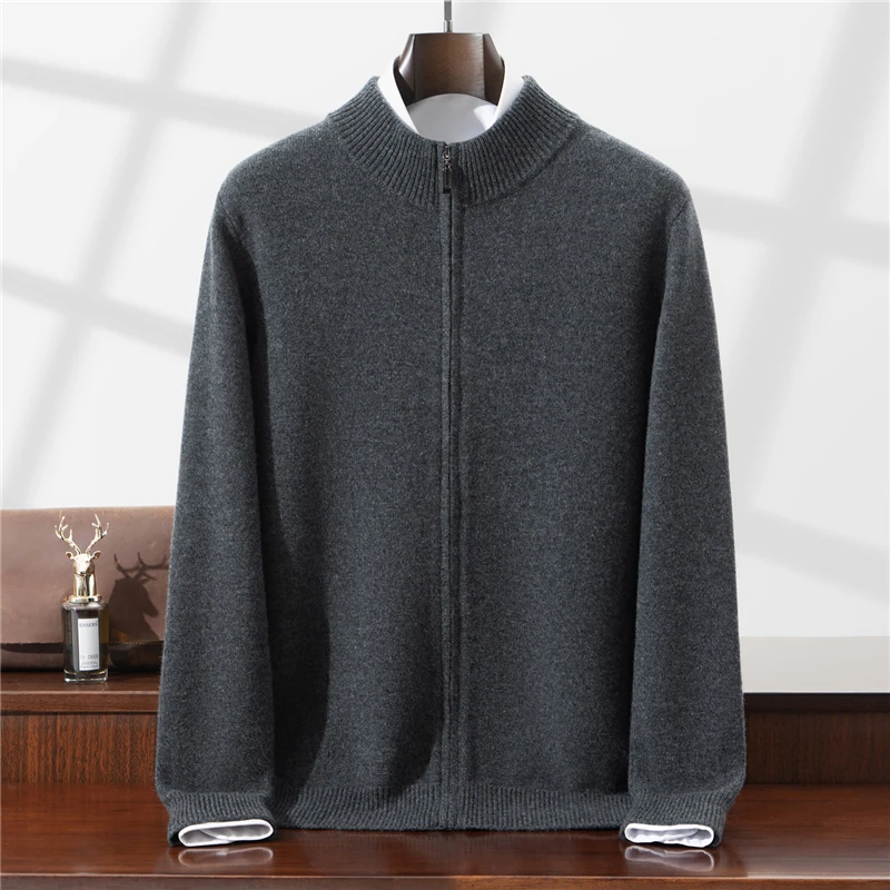 

100% чистая шерсть, полуводолазка, утолщенный кардиган, мужской красный повседневный свитер, куртка, модный трикотаж на молнии с воротником-стойкой