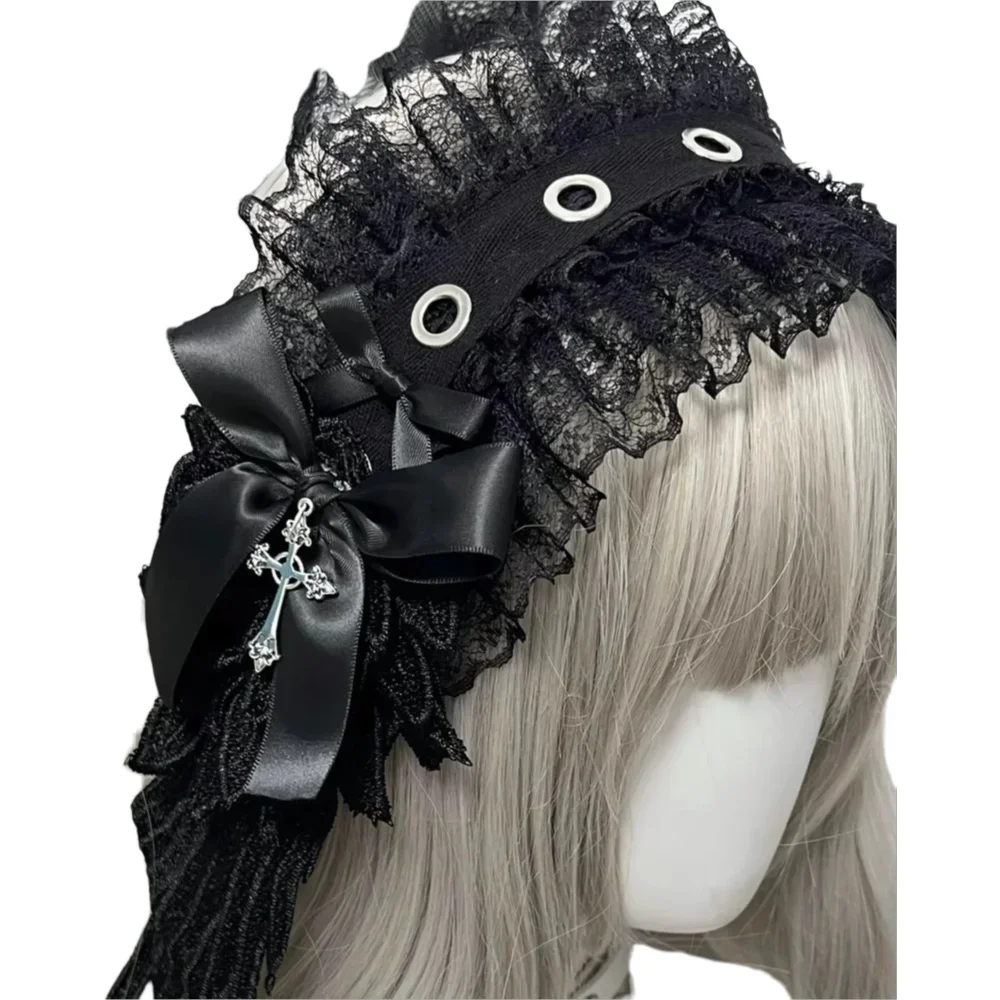 

Lolita bow hairband wing hairband pure white bead chain headpiece Gothic style accessory