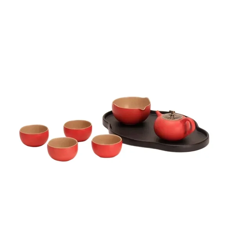High-end complete set of Kung Fu tea set, ceramic tea set, everything goes well, palace wall, Zhu lacquer glaze 1 pot