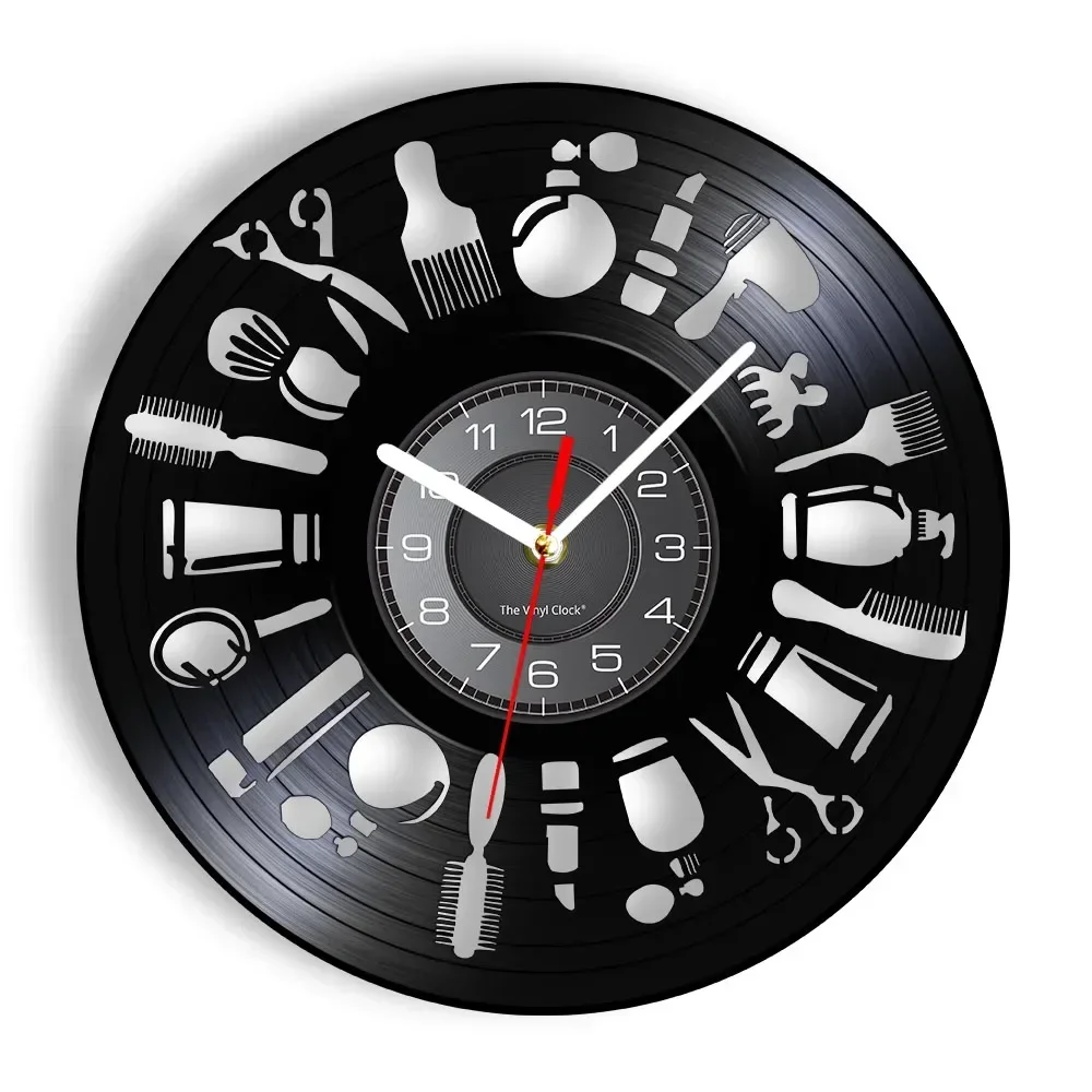 

Haircut Business Logo Vinyl Record Wall Clock Barber Shop Professional Equipments Handicraft Art Wall Watch Hairdresser Gift