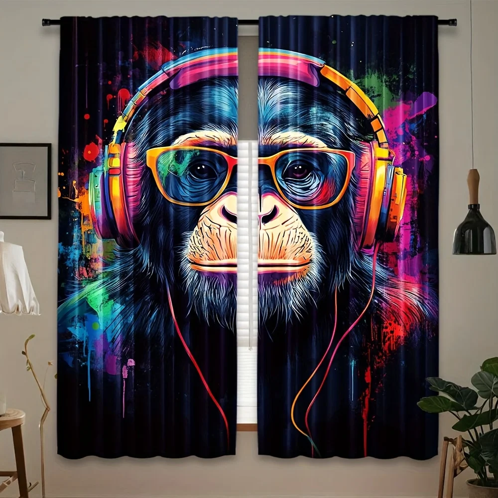 Colorful Monkey with Headphones and Sunglasses Curtains Artistic Animal Print Window Drapes Modern Home Decor Living
