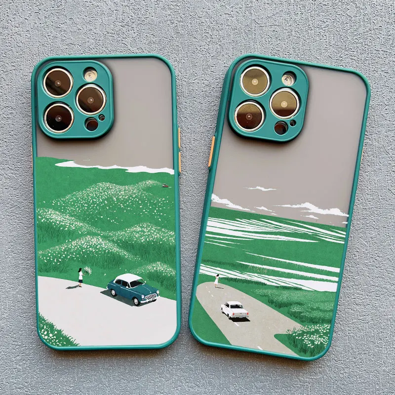 Cartoon Green Field Scenery Girl Painting Phone Case For Iphone 13 12 11 Mini Pro Max 16 15 14 Pro Max Plus XR XS X SE2 Covers