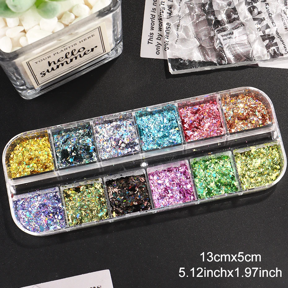 ผงกลิตเตอร์โฮโลแกรม 12 ช่อง สำหรับตกแต่งเล็บ ลายเกล็ดเล็บแบบไม่สม่ำเสมอ ผงวิ้งๆ สำหรับทำเล็บ แต่งหน้าสไตล์เมอร์เมด ทำเล็บ 2030