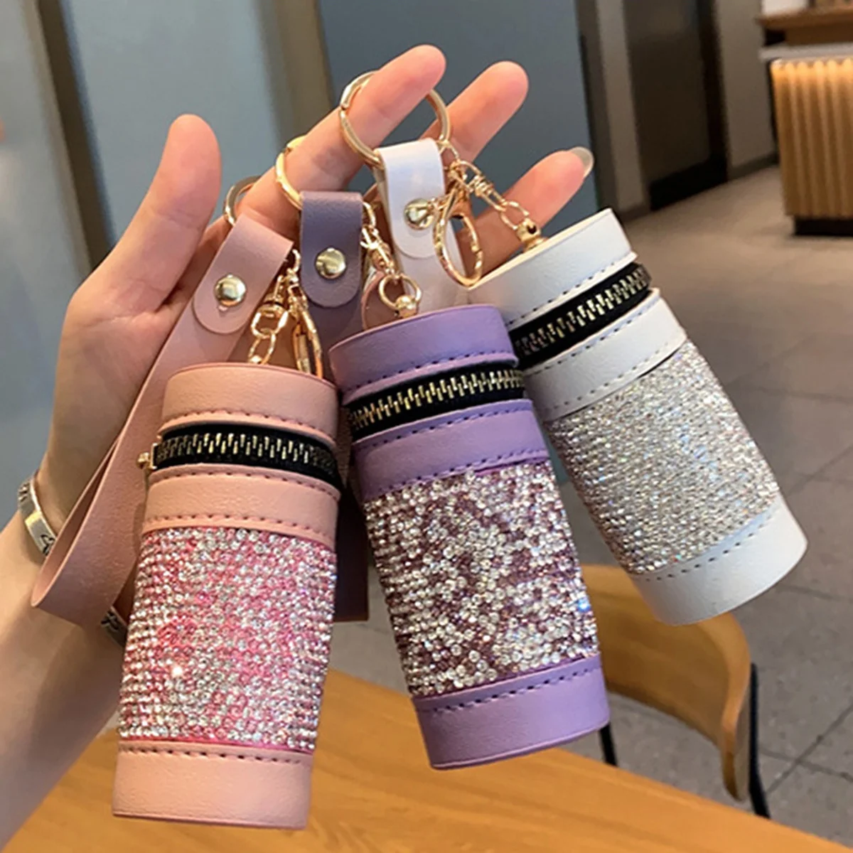 Mini Shiny Rhinestone Lipstick Bag With Wristband, Fashion Women Mini Coin Purse, Car Key Chain Pendant, Cylinder Key Bag Gift