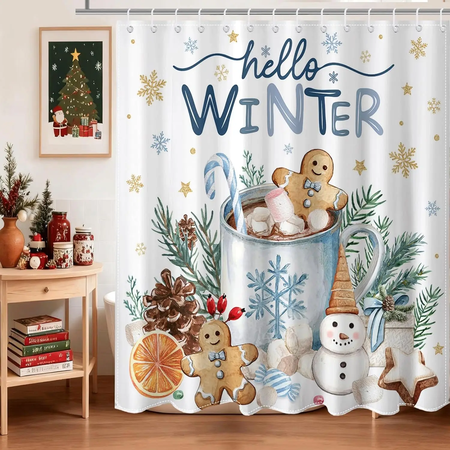 Winter Christmas Shower Curtain for Bathroom Blue Xmas Gingerbread-Man Snowman Shower Curtain Hello Winter Snowflake Christmas