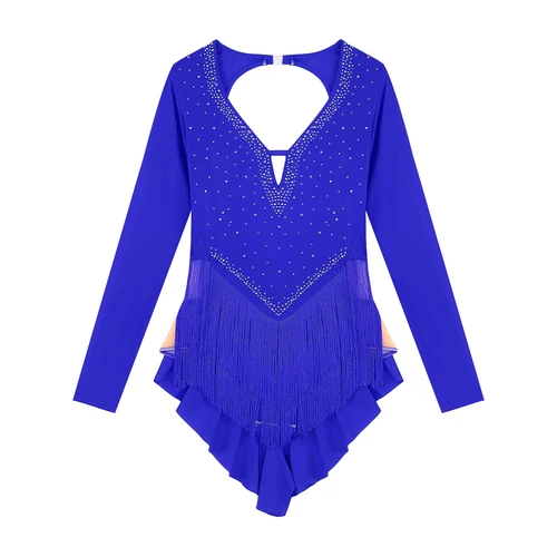 Imagen 2 del producto Body de baile latino con flecos para mujer, falda de baile con borlas de manga larga y diamantes de imitación, vestido para gimnasia de patinaje de Tango Cha-cha