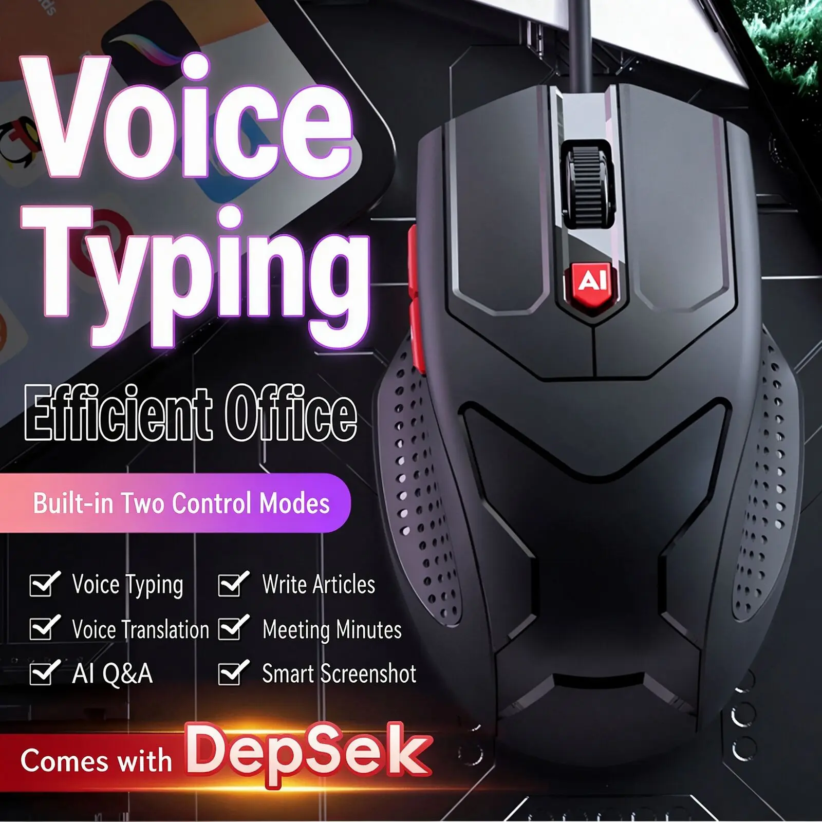 Wired AI Smart Voice Mouse 12000DPI Adjustable Dual Mode Switch Support Voice Typing Translation Meeting Record  PPT Creation