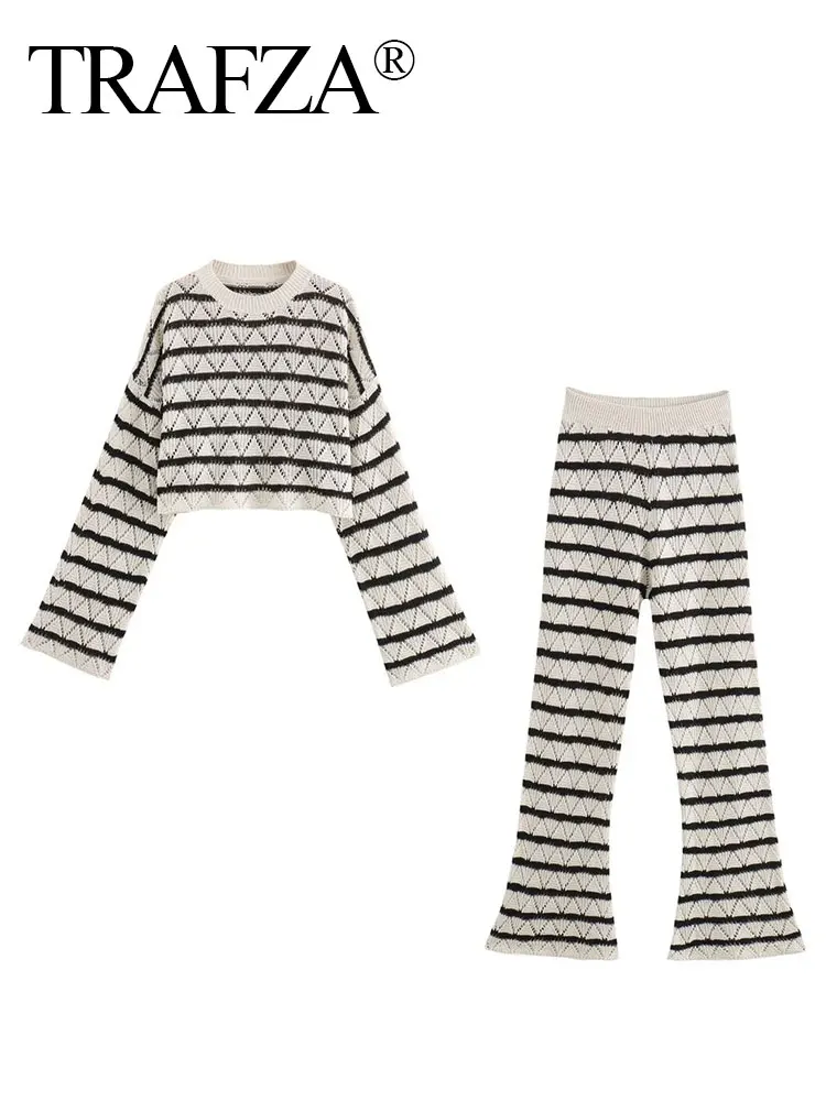 TRAFZA Women Stripe Knitted Hollow Pant Sets Long Sleeve O Neck Pullover Sweater Cropped Top Elastic Waist Trousers Y2K Outfit