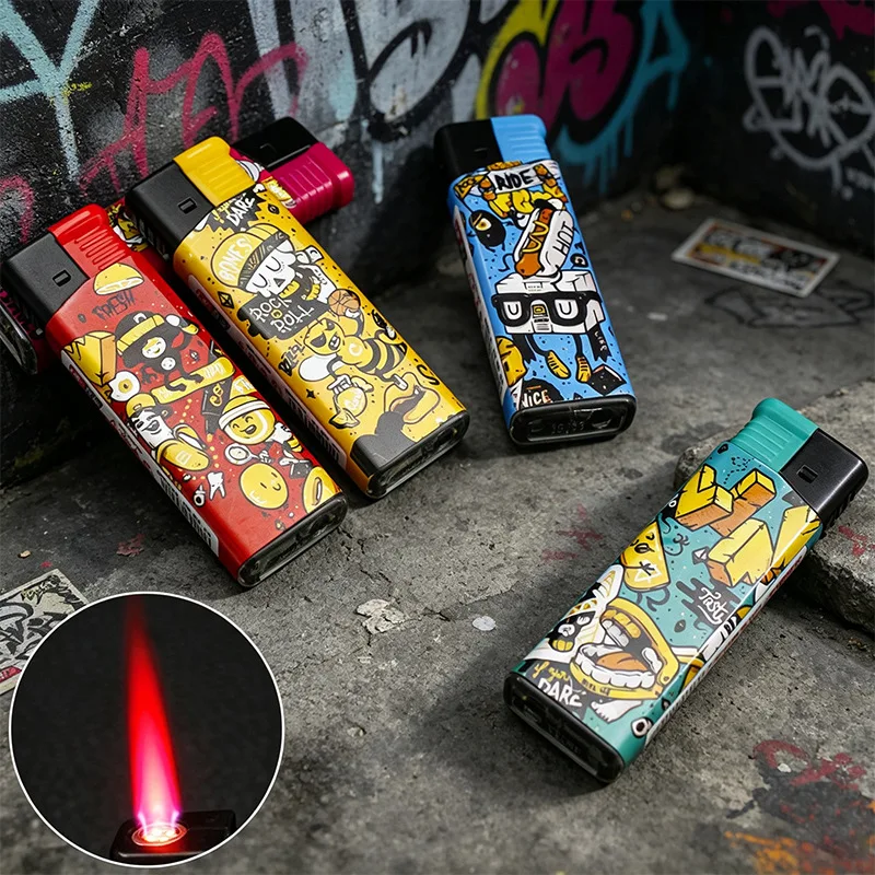 2026 Creative Cool Pattern Windproof Red Flame Butane Gas Lighter Press Ignition Flame Adjustable Lighters Cigarette Accessories