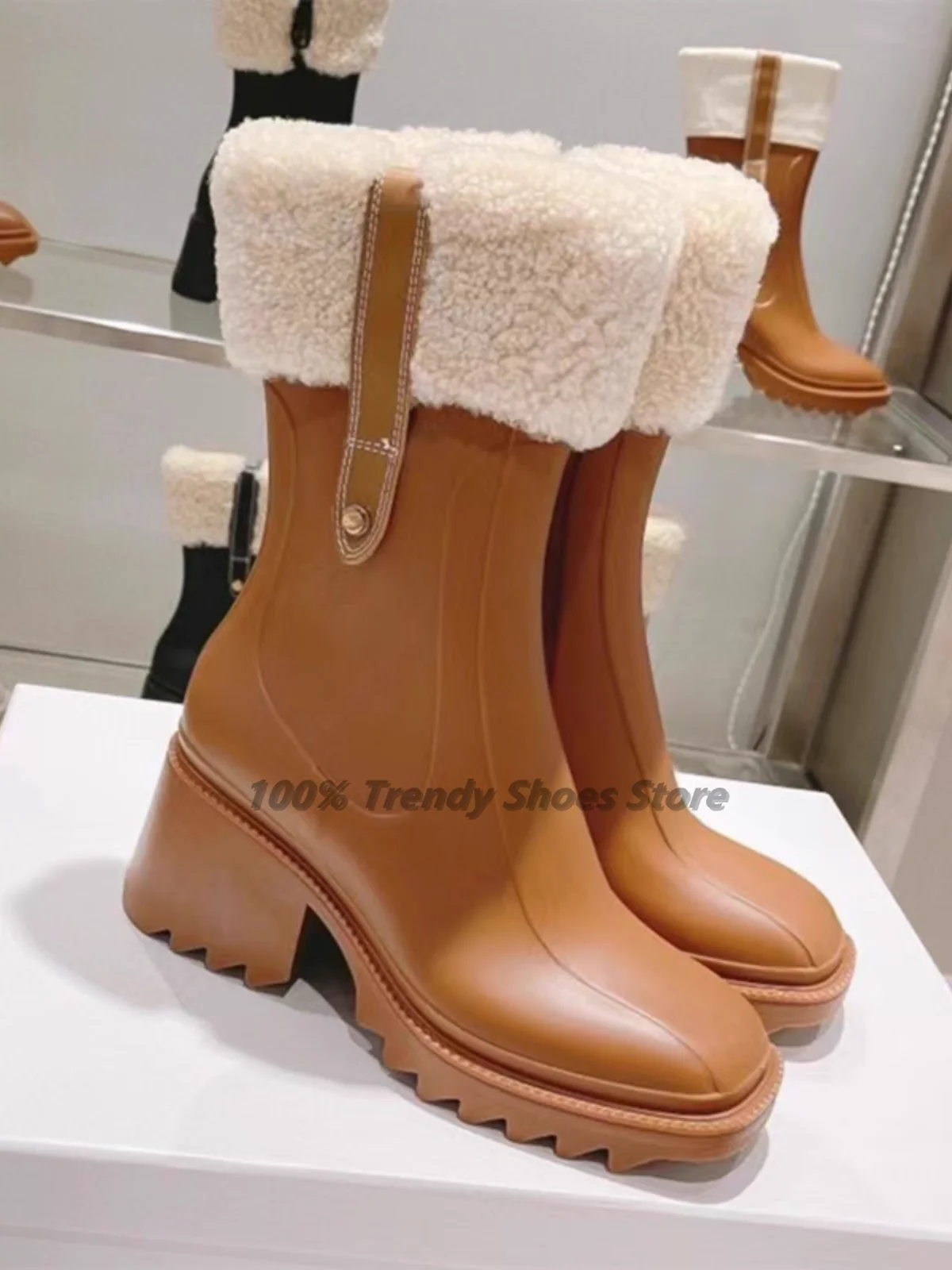 Hot Selling Lamb Wool Rain Boots, Women's Midsole Spliced Side Zipper Knight Boots, Thick Heel Retro Full Leather High Heels