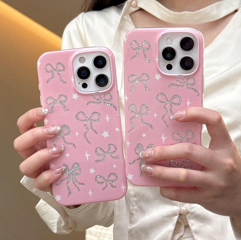 Casing HP Pink Pelindung Anti Benturan dengan Hiasan Pita Berongga dan Glitter untuk iPhone 13 15 14 16 17 Pro Max, Cover Cantik Berkilau
