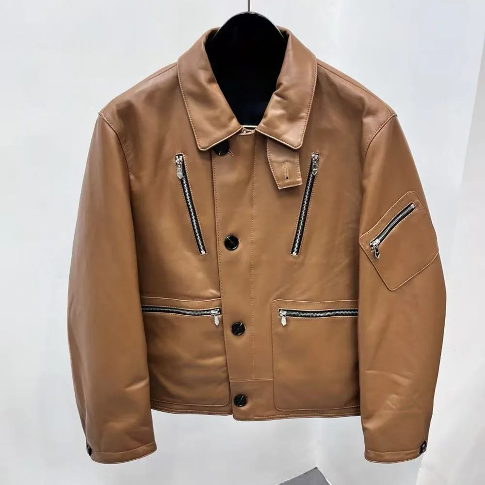 2026 New Men Brown Lapel Leather Jacket Multi Zipper Pockets Cropped Moto Biker Coat Vintage Streetwear Outerwear