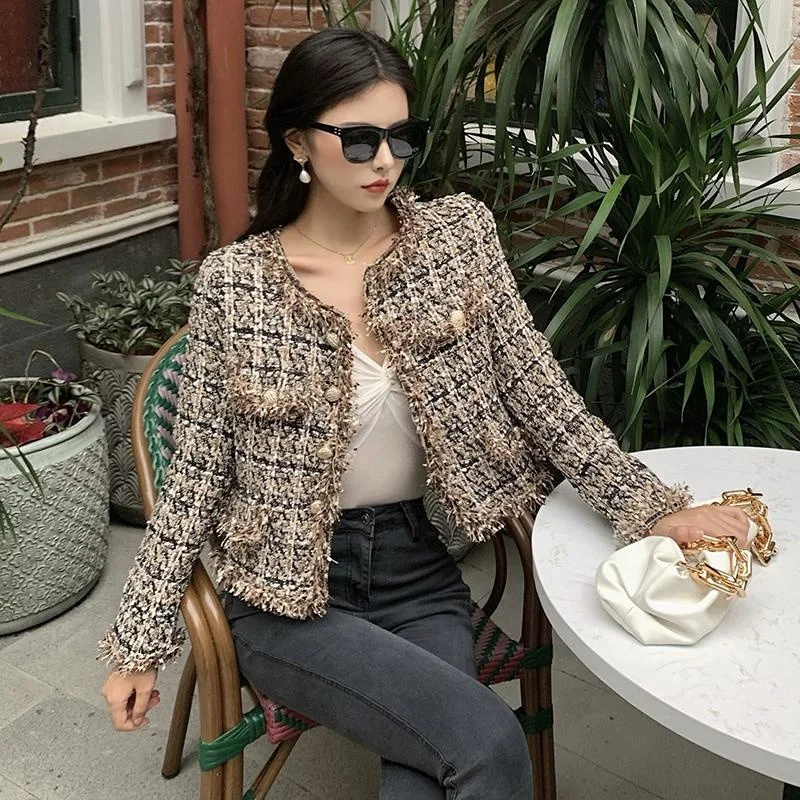 Autumn Winter Fashion Korean Chic Vintage Tweed Woolen Jacket Coat Plaid Tassel Outerwear Elegant Slim Streetwear Coats Women