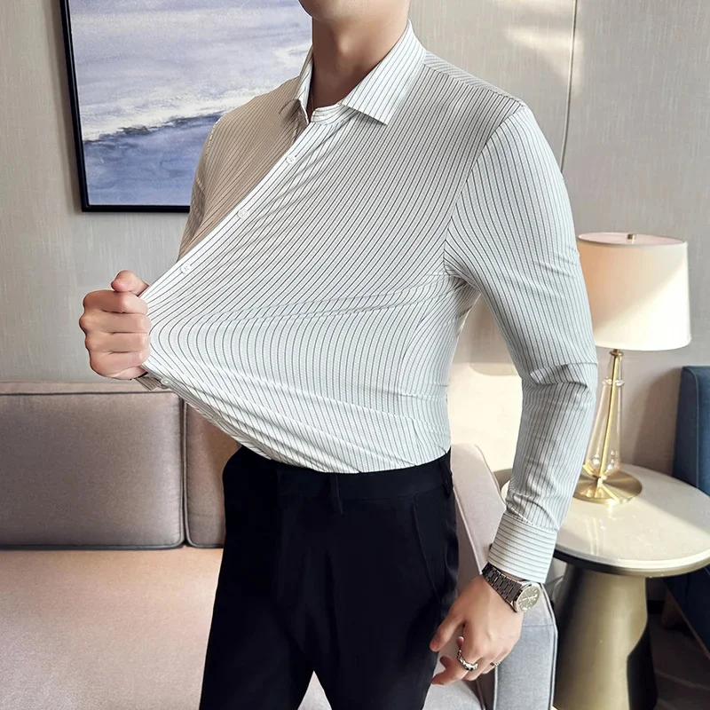 New Arrival Men's Grey Stripe Dress Shirt with Advanced Elasticity, Seamless Pressed and Weighted Silky Touch shirt men