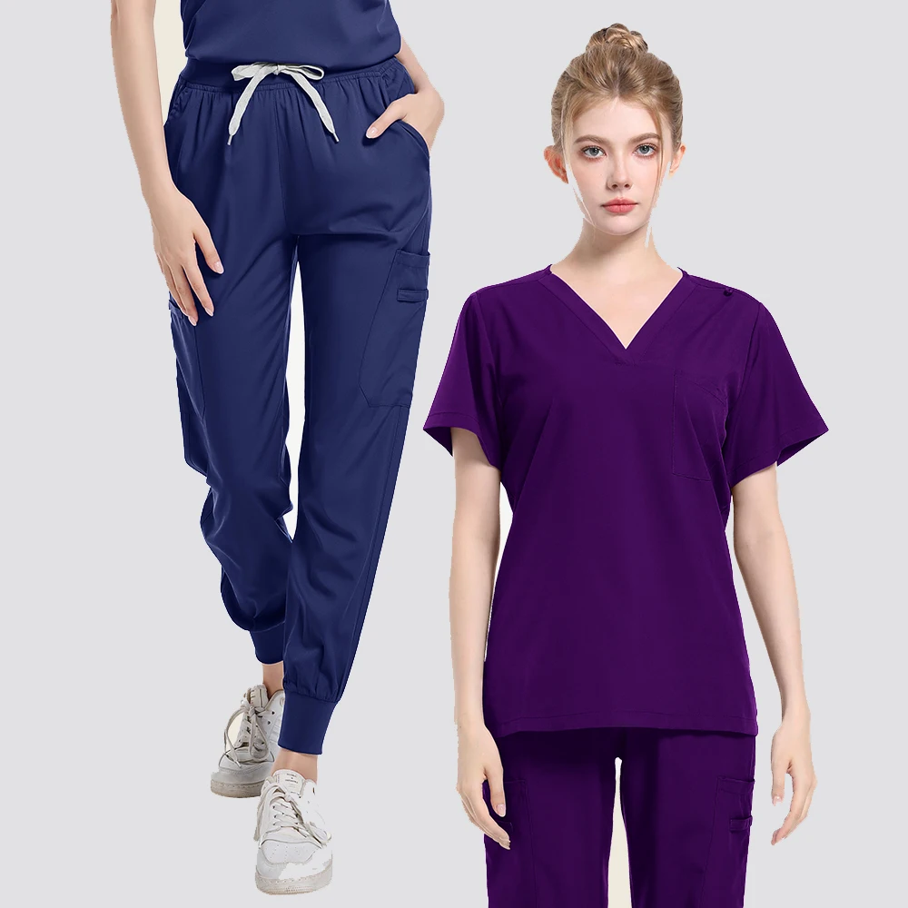 포켓 바지와 새로운 짧은 소매 스크럽 탑 의료 간호사 유니폼 의사 수술 작업복 스파 아웃웨어 뷰티 살롱 작업복