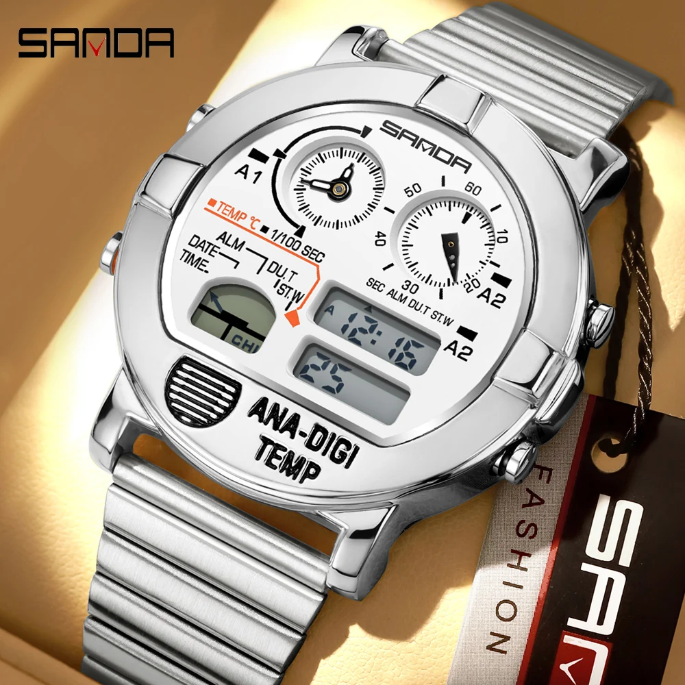 SANDA New Fashion Quartz Watches for Men Waterproof LED Luminous Multifunctional Chronograph Military Sports Wristwatch