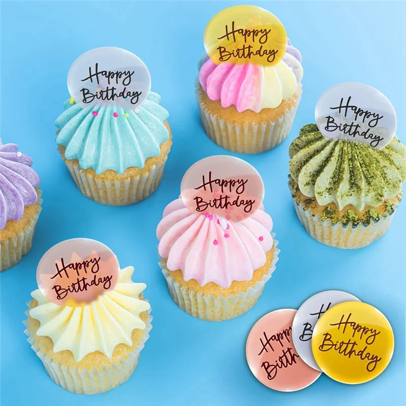 ABZV-24Pcs الاكريليك كعكة القبعات العالية عيد ميلاد سعيد مرآة كعكة القرص صغيرة مستديرة محفورة قطاعات الكب كيك DIY بها بنفسك كب كيك الديكور