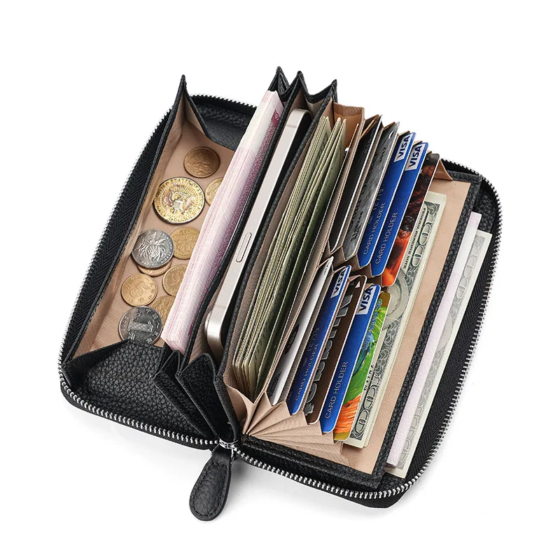 Echtes Leder Damen-Geldbörse Lang Japanischer Stil Akkordeon-Kartenhalter Japanischer Stil RFID Clutch Reißverschluss-Münzbörse