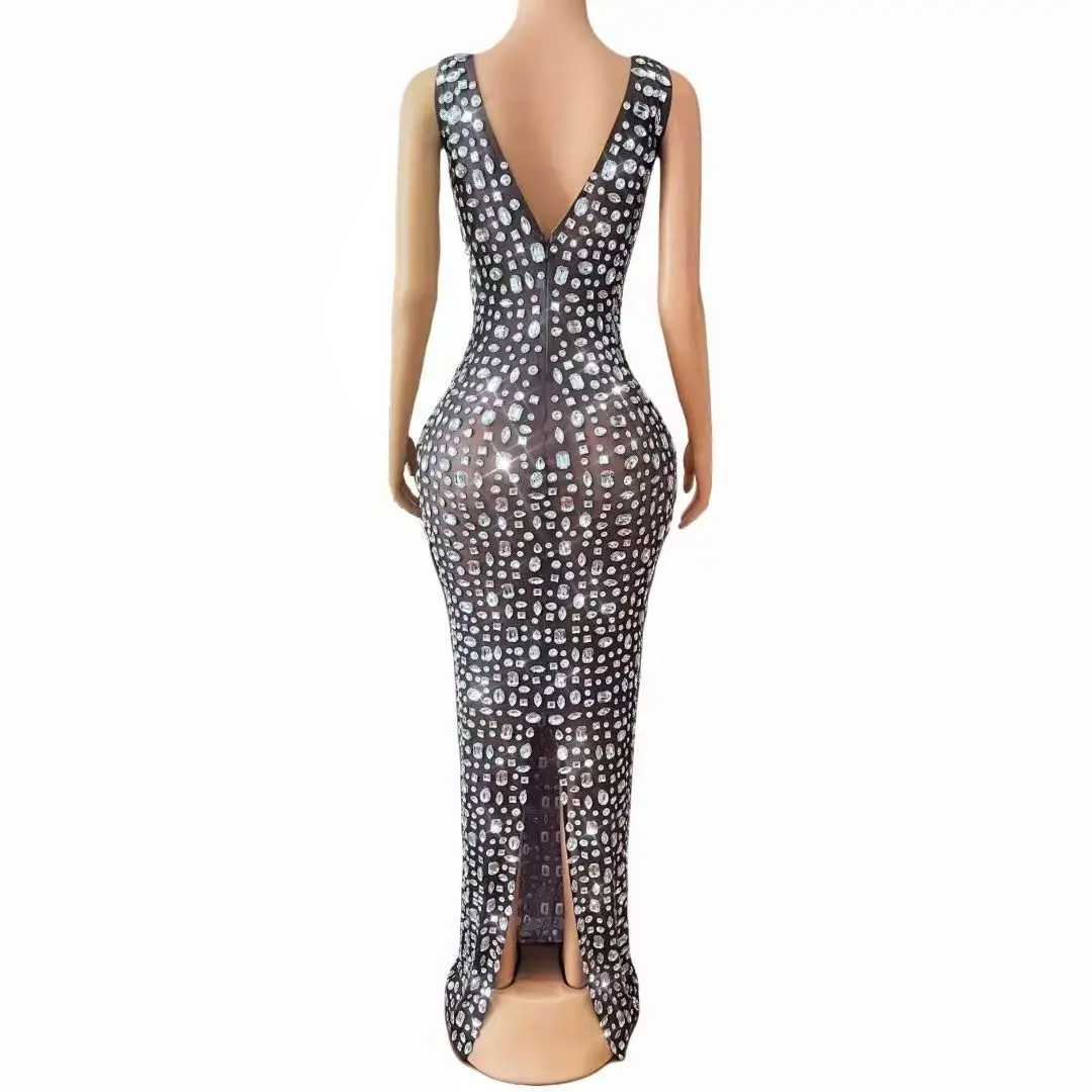 Seksowna, błyszcząca sukienka z siateczki z dżetami, na wieczór, urodziny, wesele, do świętowania, suknia na czerwony dywan, elegancka odzież sceniczna.