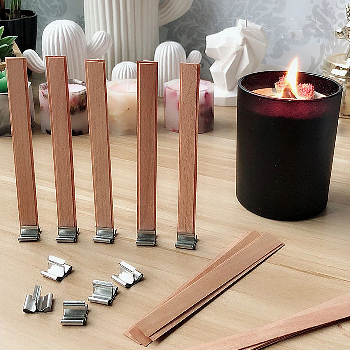 10pcs/set Double Layered Wooden Candle Wick Multi Size Naturally Smokeless Wooden Wax Core & Metal Clips DIY Candle Making Kit