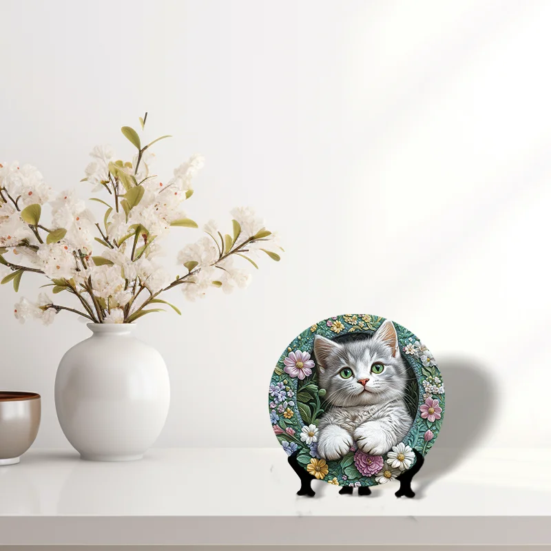 Short Legged Cat Pet Ornaments - Waterproof Circular Aluminum Decorative Paintings, Customized Pet Souvenir Tombstones