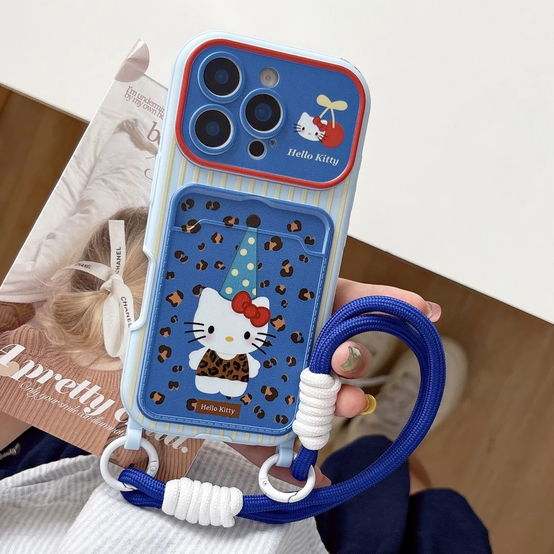 

Cute Cartoon Japan Anime Leopard print Kitty Card Wallet Pocket Phone Case For iPhone 17 16 15 14 Pro Max Cover With Lanyard