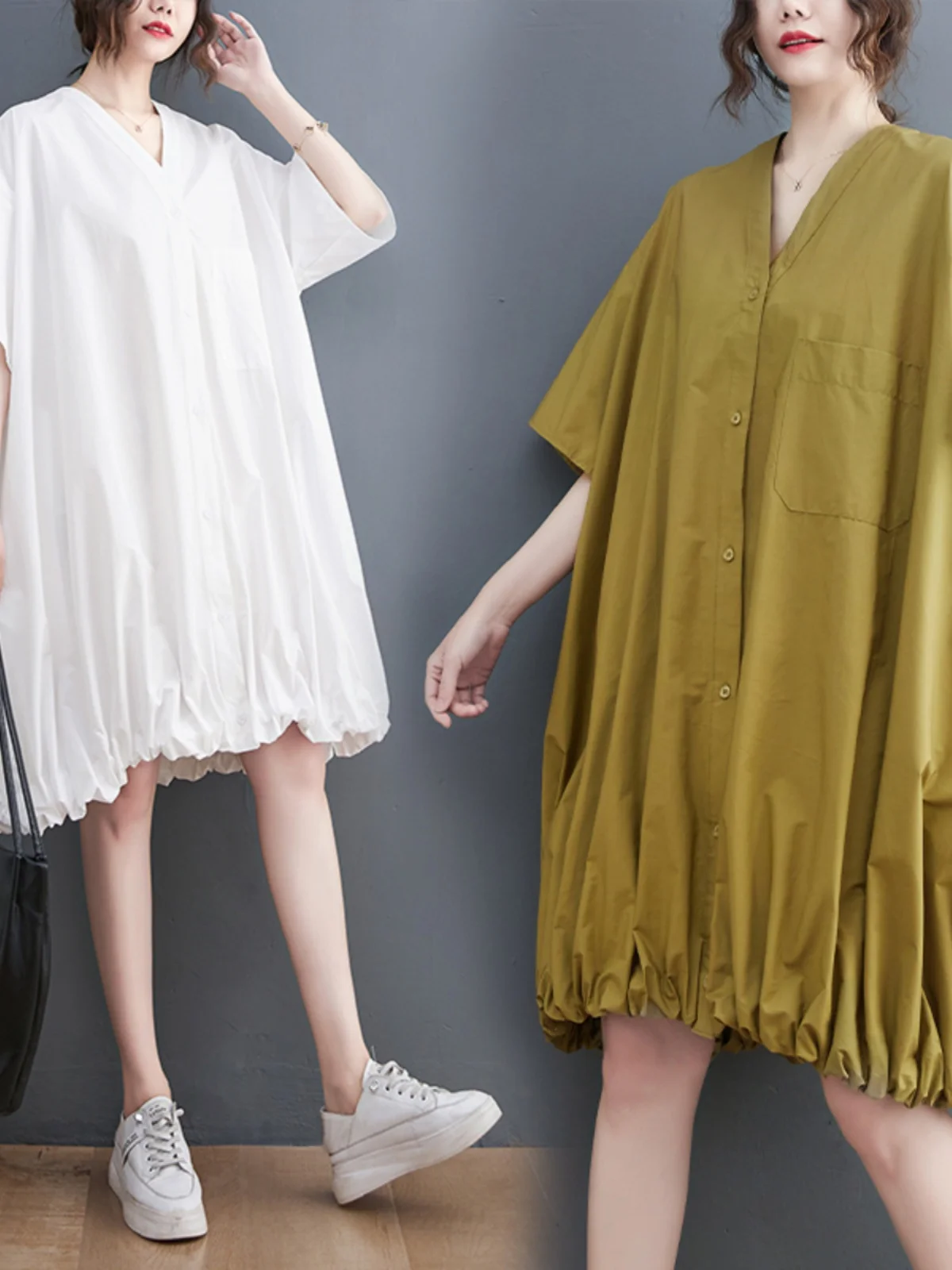 صيف جديد فضفاض V-ne irt Dr تصميم فني غير رسمي Faion Dr الكورية Sle مادة القطن ميدي تنورة زر واحد #2