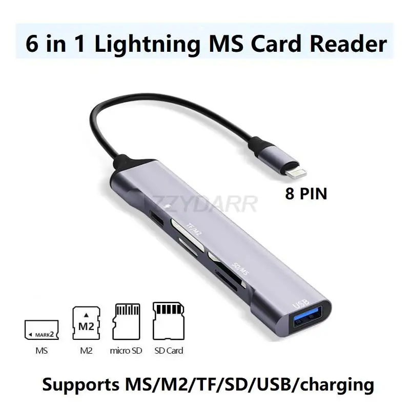 USB Type-C MS Card Reader for iPhone M2 Card Adapter Memory Stick Reader for SD/Mouse/TF Lightning Reader with Charging 6 in 1