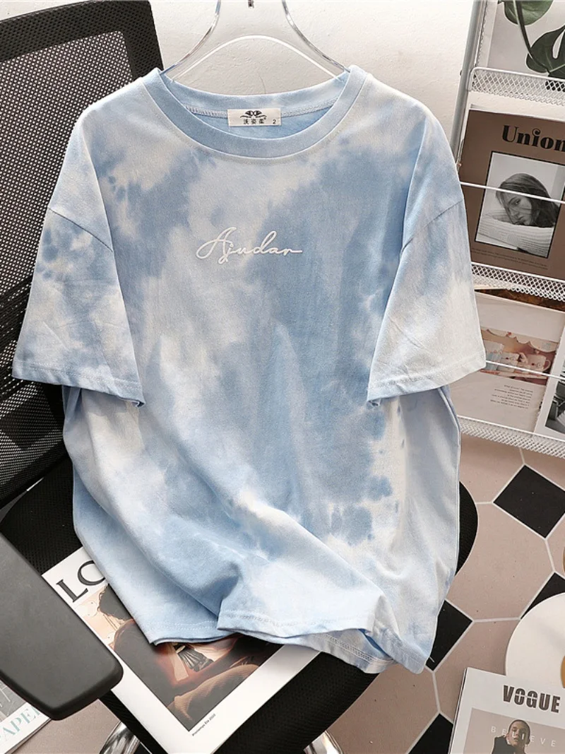 

Summer 2024 New Gradient Pure Cotton Short Sleeve T-shirt for Women Design Sense Niche O-Neck Pullovers Trendy Loose Tops