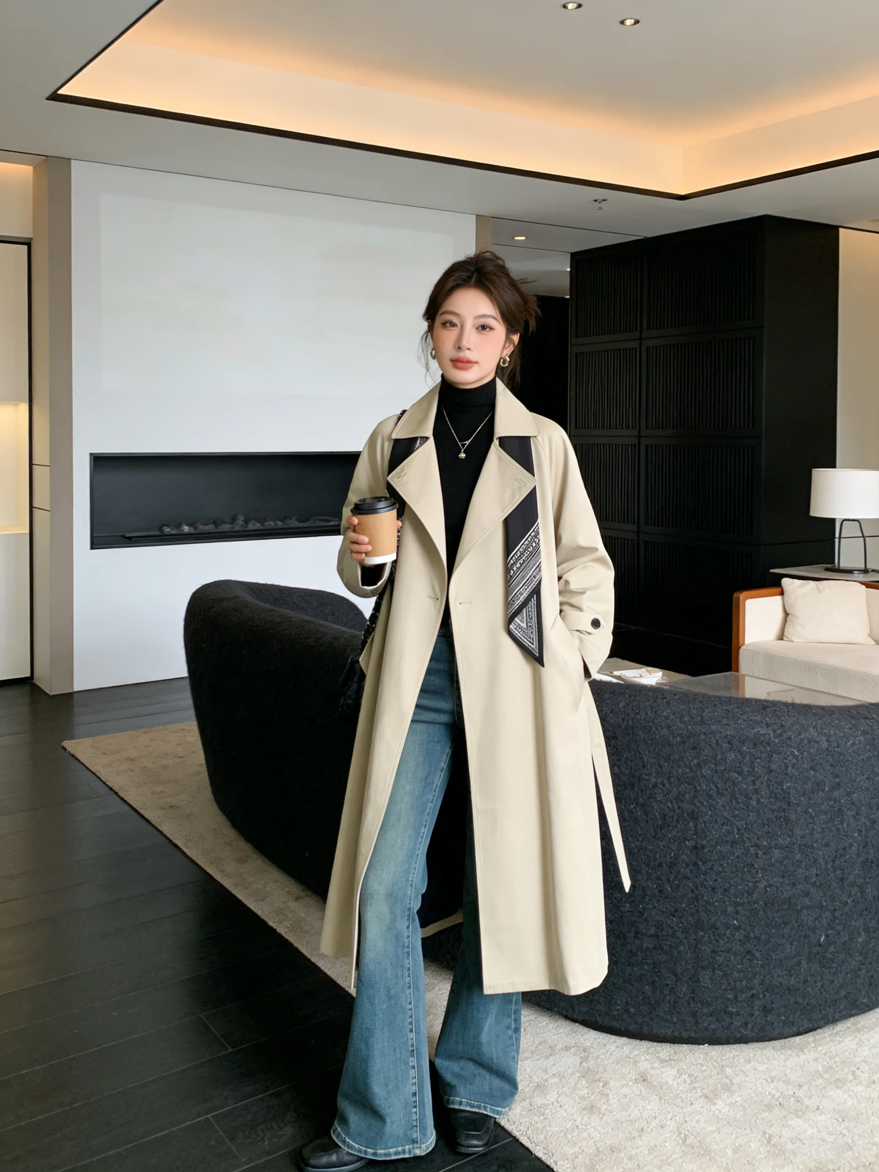 

Briti Sle Vintage Mid-Length Women's Coat Casual Slimming Not Piy about People's Clothes Long Sve Double-Breasted