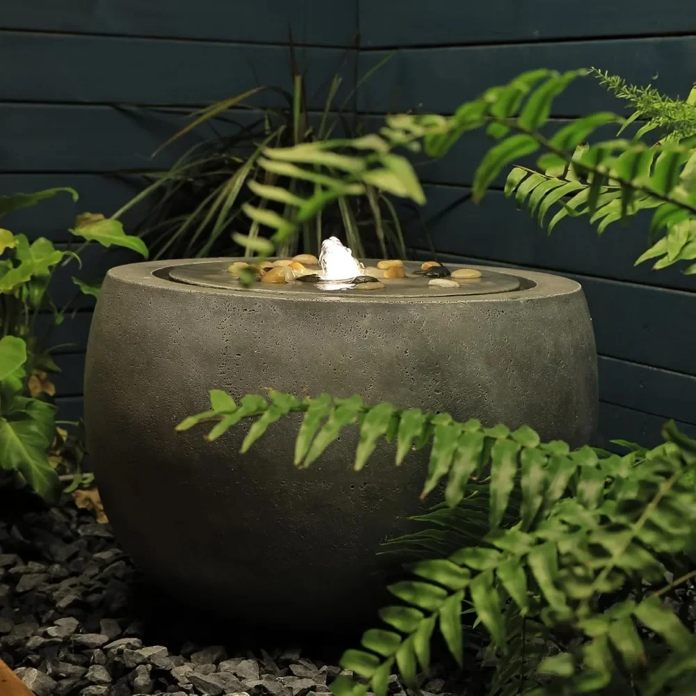 

Garden Water Fountain Outdoor Water Feature Indoor with Lights & Pump and Pebbles,Round Flow Fountains Concrete Effect for Patio