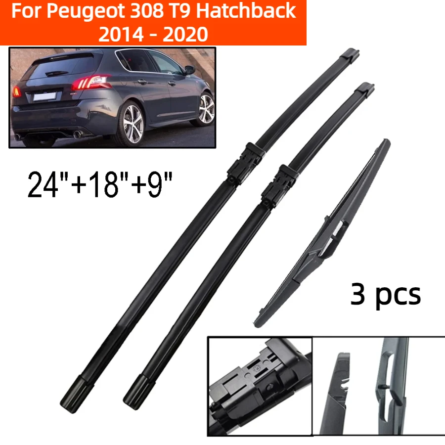 

ZHANGU Wiper Front & Rear Wiper Blades Set For Peugeot 308 T9 Hatchback 2014 - 2020 Windshield Windscreen Window 24"+18"+9"