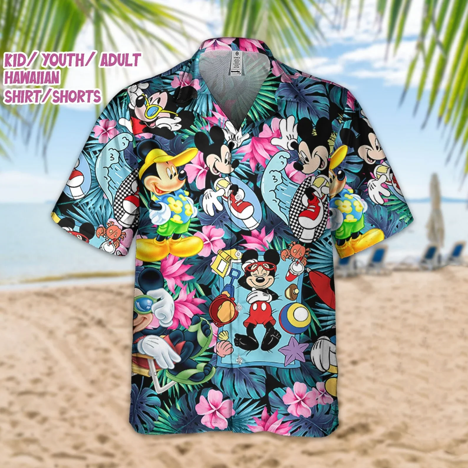 Camisa havaiana para férias masculina e feminina disney mickey e amigos, camisa de praia casual manga curta, verão, 2024