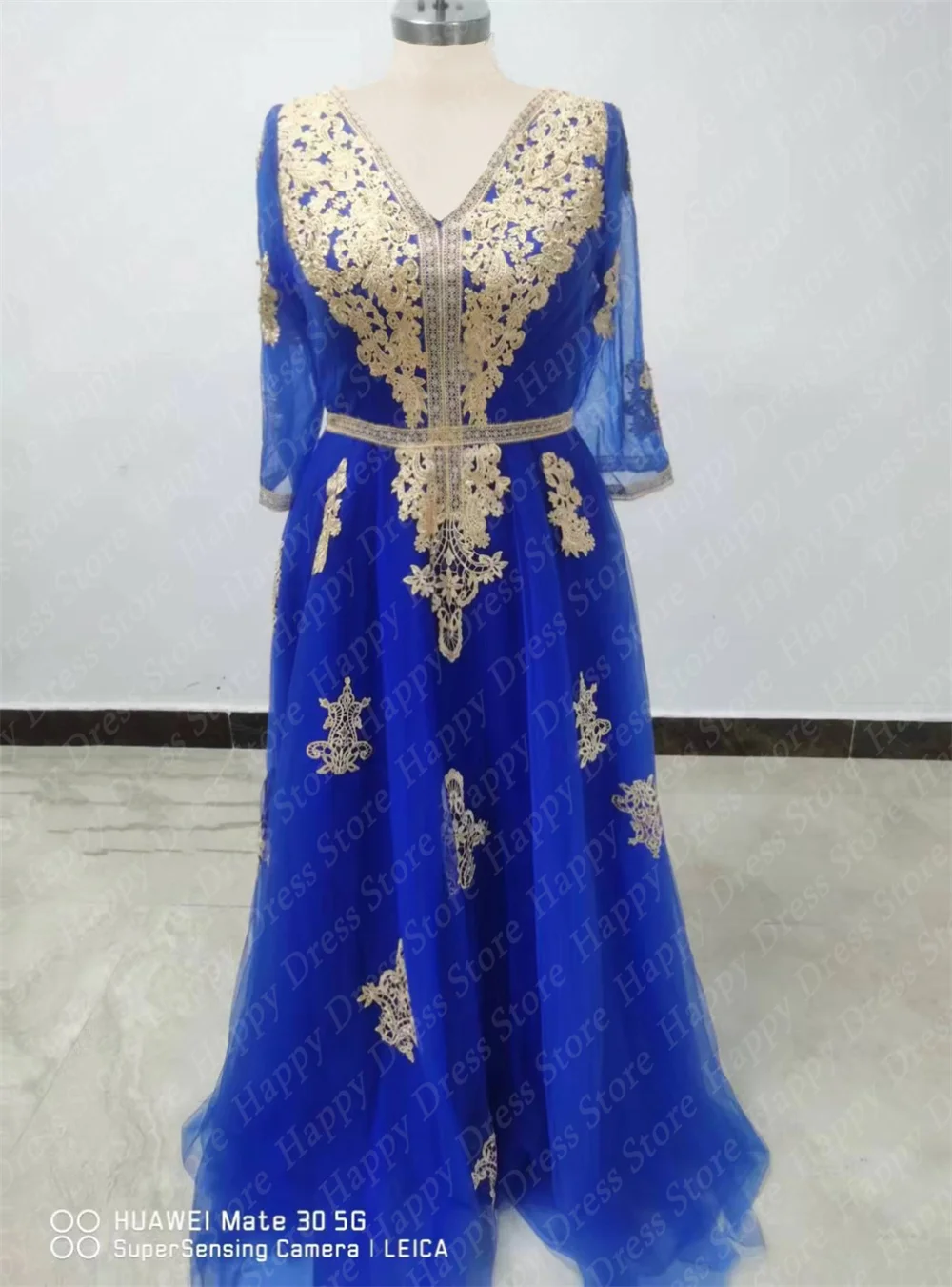 Robes de Rhbleu royal avec appliques, caftan marocain exquis, col en V, demi-manches, robes de soirée formelles, robe de soirée arabe, 2024