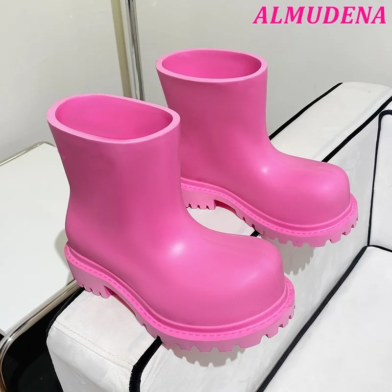 

Big Round Toe Rain Boots 2024 New in Women Chunky Heel Black/Pink/White Ankle Booties Winter Luxury Designer High Quality Shoes