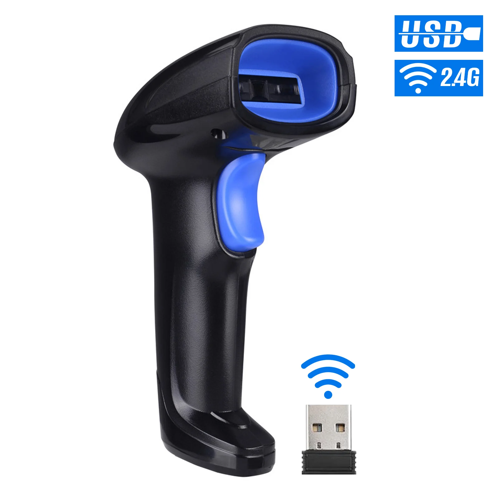 Scanner de código de barras sem fio 2 em 1, 2.4g e scanner de código de barras com fio USB, leitor automático de código de barras 1D portátil