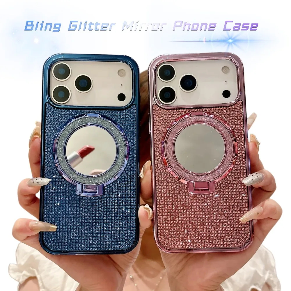 Women Glitter Diamond MakeUp Mirror Hide Kickstand Case for iPhone 17 16 15 14 13 12 Pro Max Plus Air Diamonds Magnetic Shell