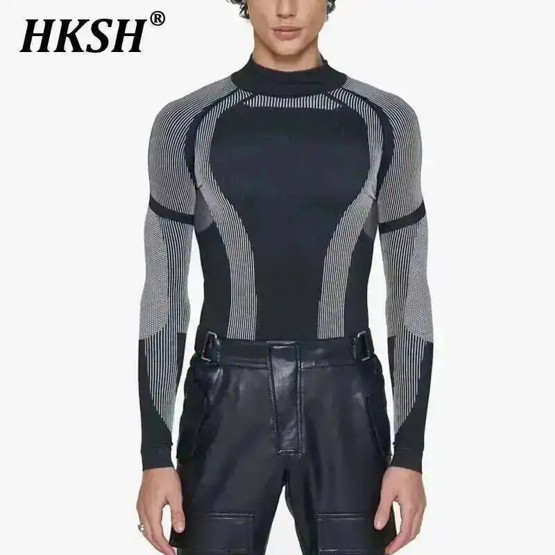 

HKSH весна лето мужские модные сращенные топы футболки с длинными рукавами эластичные обтягивающие рубашки для фитнеса водолазка мода HK1408