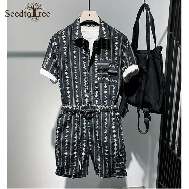 Summer Casual Men\'s Jumpsuit Printed Safari Style Men\'s Sets Single Breasted Lapel Short Sleeved Lace Up Shorts Suit