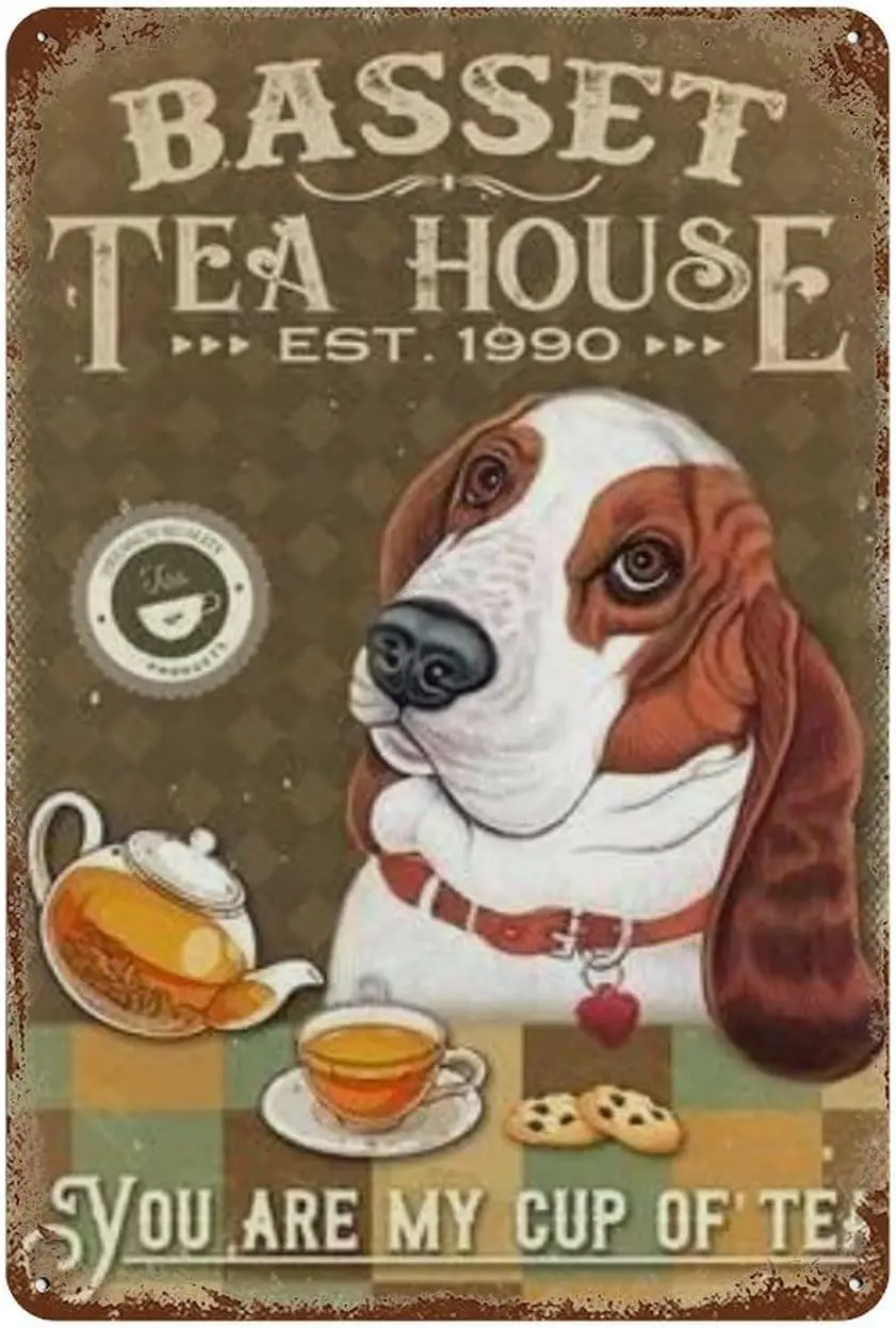 Metal Sign Basset Hound Dog Tea House Sign Metal Tin Vintage Aluminum Sign For Home Coffee Wall Decor 8X12Inch