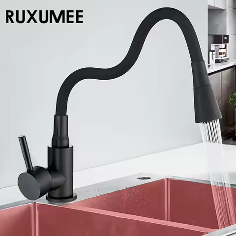 360 Rotatable Flexible Stainless Steel Kitchen Faucet Flexible Basin Single Handle Cold and Hot Water Mixer Tap Black Deck Mount