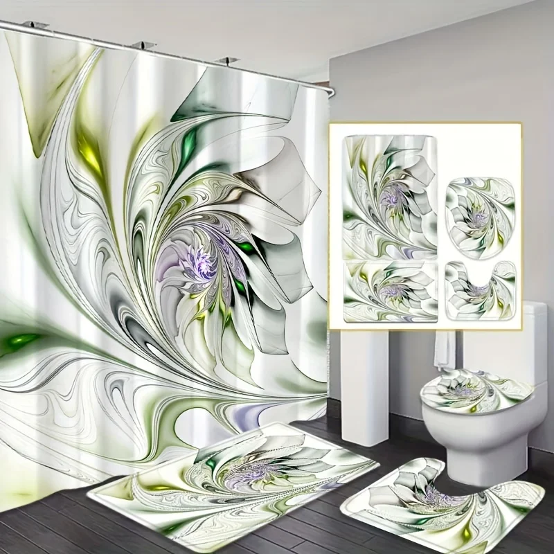 

Набор из 4 предметов, креативный ромбовидный цветочный узор, декоративный коврик для ванной комнаты, занавеска для душа, U-образный коврик, коврик для унитаза