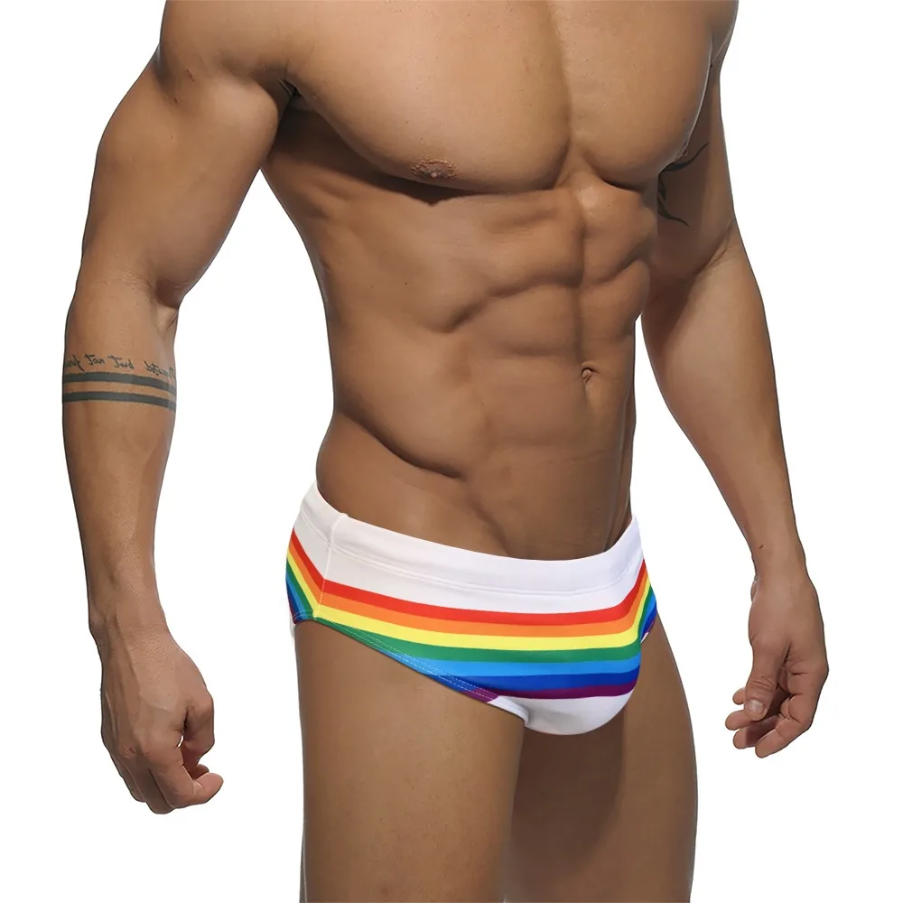 

Sexy Rainbow Striped Swim Briefs European American Fashion Men's Swimwear Quick Dry Bathing Swimsuit Sport Beach Surf Shorts