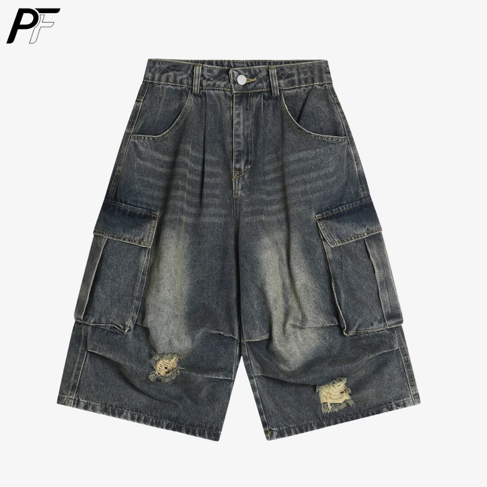 

Vintage Washed Cargo Denim Shorts Hip-Hop Baggy Capris Distressed Ripped Denim Bottoms Casual Wide Leg Cargo Pants for Summer